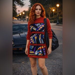 Handmade Designer Abstract Red Sweater Oversized Unique Vintage Merino Wool‎ ART